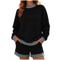 thumbnail image 1 of Women's 2 Piece Outfits Sweatshirt and Shorts Sets Long Sleeve Crew Neck Lounge Matching Sets with Pockets Plaid Trim Casual Pajama Set Black, 1 of 5