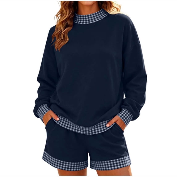 Women's 2 Piece Outfits Sweatshirt and Shorts Sets Long Sleeve Crew Neck Lounge Matching Sets with Pockets Plaid Trim Casual Pajama Set Blue