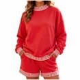 thumbnail image 1 of Women's 2 Piece Outfits Sweatshirt and Shorts Sets Long Sleeve Crew Neck Lounge Matching Sets with Pockets Plaid Trim Casual Pajama Set Red, 1 of 5
