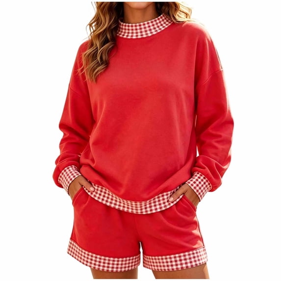 Women's 2 Piece Outfits Sweatshirt and Shorts Sets Long Sleeve Crew Neck Lounge Matching Sets with Pockets Plaid Trim Casual Pajama Set Red