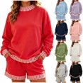 thumbnail image 1 of Women's 2 Piece Outfits Sweatshirt and Shorts Sets Long Sleeve Crew Neck Lounge Matching Sets with Pockets Plaid Trim Casual Pajama Set White, 1 of 5