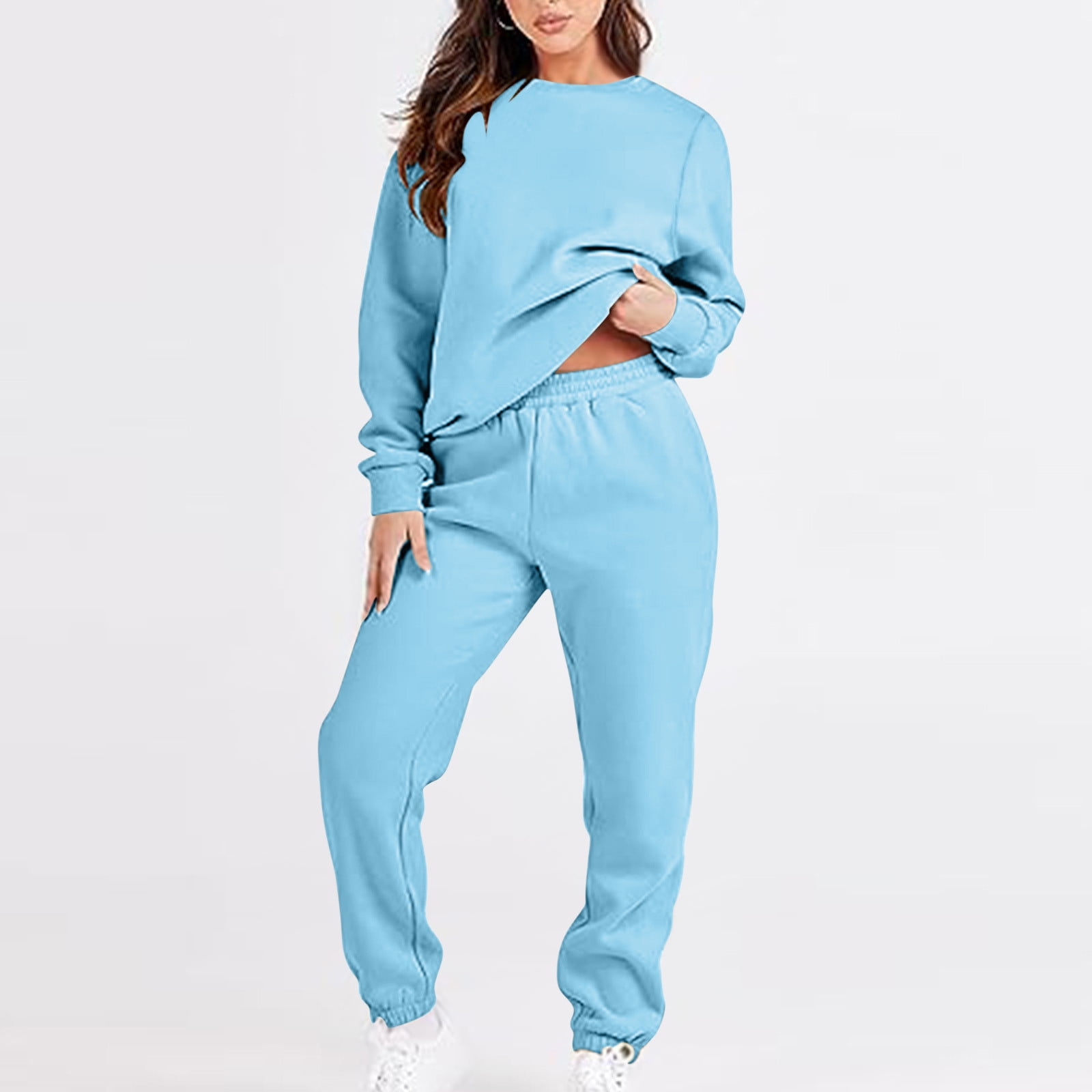 Women s 2 Piece Outfits Sweatsuit Oversized Long Sleeve Crewneck Fleece Pullover Jogger Pants Winter Warm Solid Loose Fit Lounge Plush Tracksuits Set Walmart