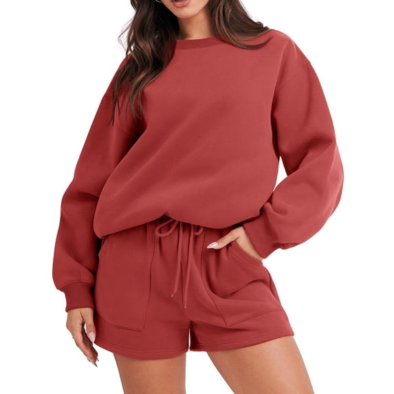 Women's 2 Piece Outfits Sweatsuit Oversized Sweatshirt and Drawstring Shorts Matching Lounge Set Fall Tracksuits Women Long Sleeve Pullovers Shorts Casual Suit Sets, XXL&Red