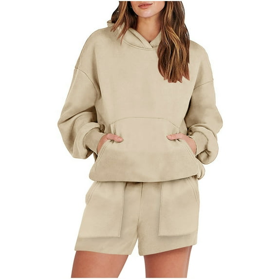 Women's 2 Piece Outfits Sweatsuit Pullover Sweatshirt and Shorts Matching Lounge Set Fall Tracksuits Womens Two Piece Long Sleeve Pullover with Shorts Sets, S&Beige