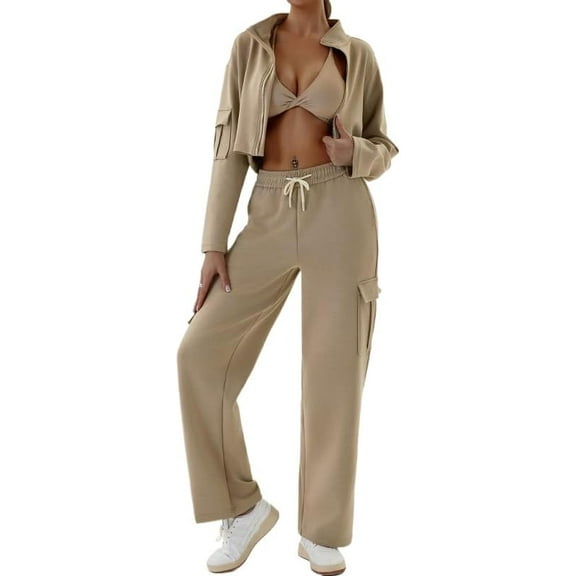 Women's 2 Piece Outfits Sweatsuit Sets Crop Zip Up Sweatshirt Jacket Drawstring Pant Fall Casual Tracksuit