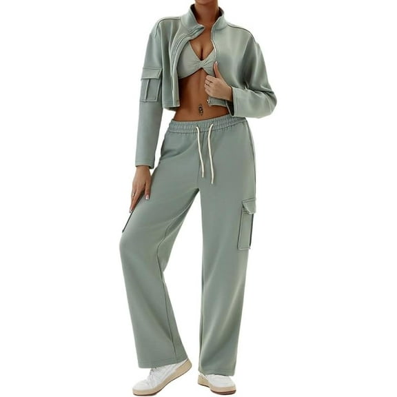 Women's 2 Piece Outfits Sweatsuit Sets Crop Zip Up Sweatshirt Jacket Drawstring Pant Fall Casual Tracksuit