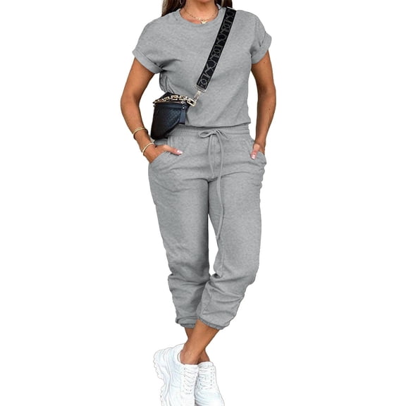 Women's 2 Piece Outfits Sweatsuits Sets Short Sleeve Tops Jogger Pants with Pockets Workout Sets for Woman Tracksuit Sets Grey L