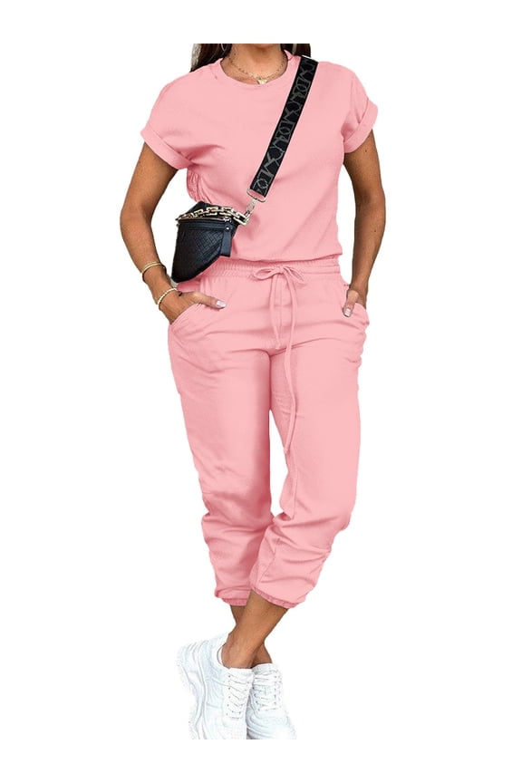 Women's 2 Piece Outfits Sweatsuits Sets Short Sleeve Tops Jogger Pants with Pockets Workout Sets for Woman Tracksuit Sets Pink S