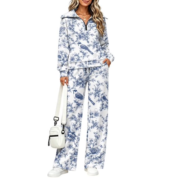Women's 2 Piece Outfits Tracksuit Matching Lounge Set, L, Long Sleeve Half Zip Sweatshirt, Wide Leg Pants, Fall Fashion Sweatsuits, Airport Tracksuit, Pockets, Blue Bird Floral Toile