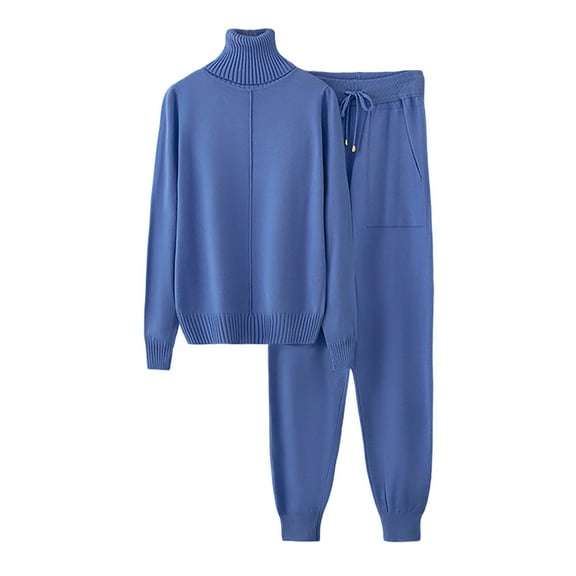 Women's 2 Piece Outfits Turtleneck Long Sleeve Pullover and Baggy Pants Solid Sweatsuit Blue Free Size