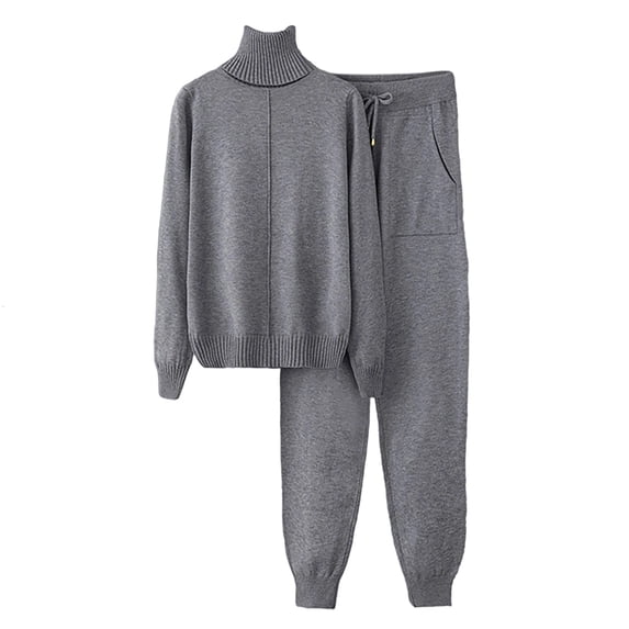 Women's 2 Piece Outfits Turtleneck Long Sleeve Pullover and Baggy Pants Solid Sweatsuit Gray Free Size