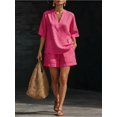 thumbnail image 1 of Women's 2 Piece Outfits V-Neck 3/4 Sleeve Tops and Wide Leg Pants Set Casual Loungewear for Summer Beach Vacation, 1 of 2