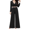 thumbnail image 1 of Women's 2 Piece Outfits V-Neck Puff Long Sleeve Crop Top with Wide Leg Pants Sexy Solid Color Loose Lounge Sets (Black L), 1 of 5