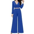 thumbnail image 1 of Women's 2 Piece Outfits V-Neck Puff Long Sleeve Crop Top with Wide Leg Pants Sexy Solid Color Loose Lounge Sets (Blue 2XL), 1 of 5