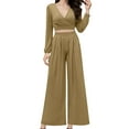 thumbnail image 1 of Women's 2 Piece Outfits V-Neck Puff Long Sleeve Crop Top with Wide Leg Pants Sexy Solid Color Loose Lounge Sets (Yellow M), 1 of 5