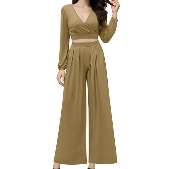 Women's 2 Piece Outfits V-Neck Puff Long Sleeve Crop Top with Wide Leg Pants Sexy Solid Color Loose Lounge Sets (Yellow M)
