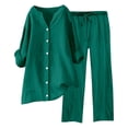 thumbnail image 1 of Women's 2 Piece Outfits Wide Leg Blouse with Pockets & Elastic Pants, Casual V Neck Shirt Trousers, Fashion Streetwear, Suitable for Multiple Occasions, 1 of 3
