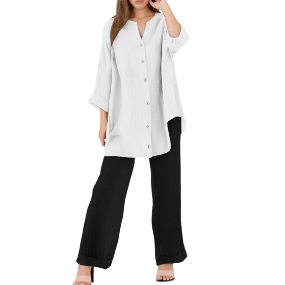 Women's 2 Piece Outfits Wide Leg Blouse Pockets Elastic Pants Sets Casual V Neck Shirt Trousers Fashion Streetwear
