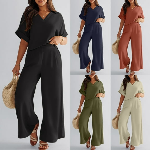 Women's 2 Piece Outfits Women 2 Piece Outfits Short Sleeve V Neck Pants Matching Set With Pocket Womens 2 Piece Lounge Set Brown M