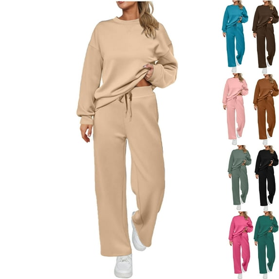 Women’s 2-Piece Oversized Sweatshirt and Jogger Sweatpants Tracksuit Set - Cozy Fall/Winter Casual Outfit Solid Color Crewneck Sweatshirt & Drawstring and Straight Leg Lounge Pants Set Outfit