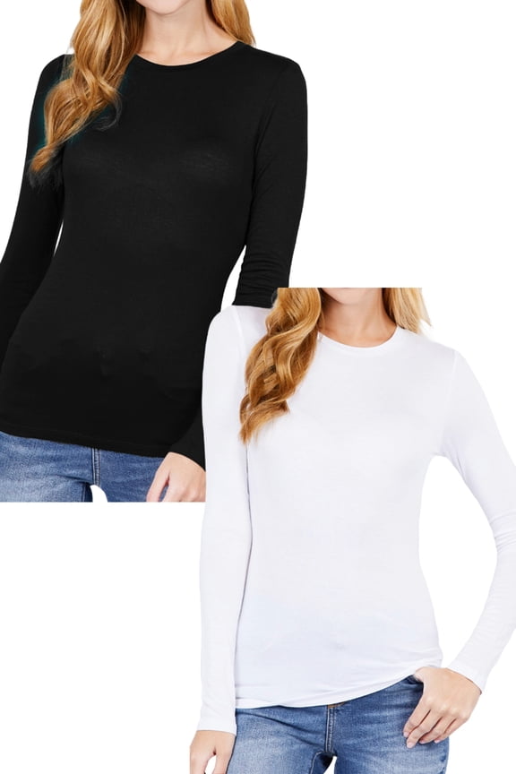 Women's 2-Piece Pack Crew Neck Long Sleeve Tops  Lightweight Jersey Fabric