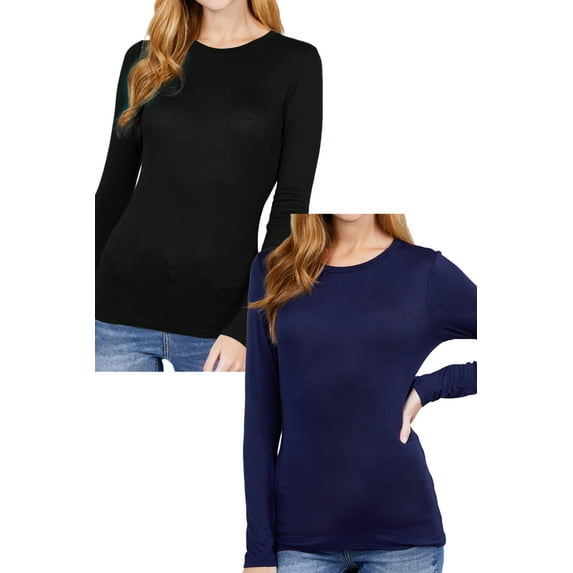 Women's 2-Piece Pack Crew Neck Long Sleeve Tops Lightweight Jersey Fabric