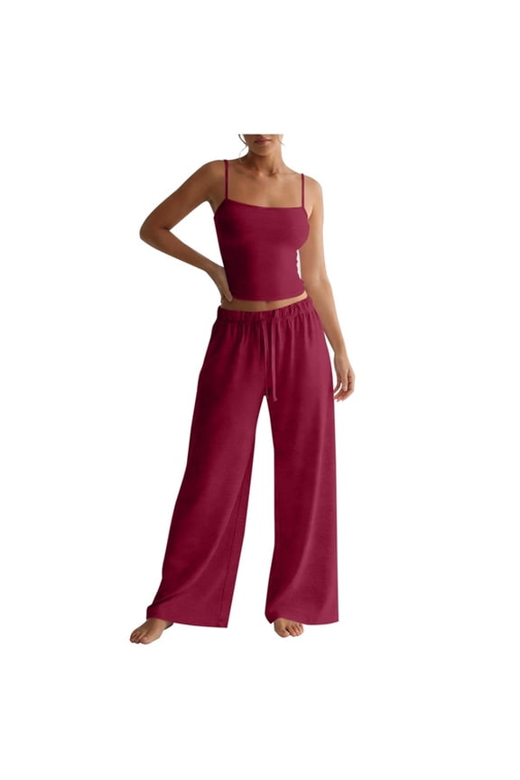 Women's 2 Piece Pajama Lounge Set Summer Matching Lounge Sets Spaghetti Strap Tank Top Comfy Wide Leg Pants Sets Wine
