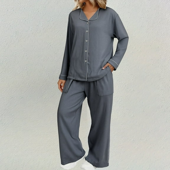 Women's 2-Piece Pajama Set, Button-Front Cardigan with Lapel Collar, Long-Sleeve Long-Pants Sleepwear, Soft Warm Loungewear, Cute Home Wear Outdoor Style Pajamas Grey M