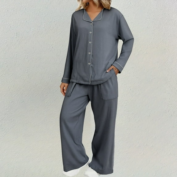 Women's 2-Piece Pajama Set, Button-Front Cardigan with Lapel Collar, Long-Sleeve Long-Pants Sleepwear, Soft Warm Loungewear, Cute Home Wear Outdoor Style Pajamas Grey XL