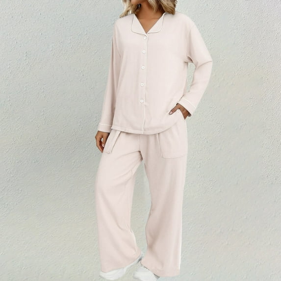 Women's 2-Piece Pajama Set, Button-Front Cardigan with Lapel Collar, Long-Sleeve Long-Pants Sleepwear, Soft Warm Loungewear, Cute Home Wear Outdoor Style Pajamas Beige L