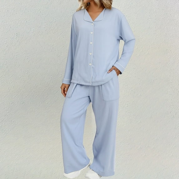 Women's 2-Piece Pajama Set, Button-Front Cardigan with Lapel Collar, Long-Sleeve Long-Pants Sleepwear, Soft Warm Loungewear, Cute Home Wear Outdoor Style Pajamas Blue L