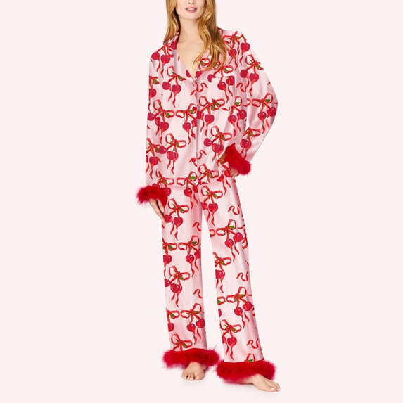 Women's 2 Piece Pajama Set Lapel V Neck Button Down Shirts Elastic Waist Pants Casual Comfy Bow Print Lounge Wear (L, Pink-B)