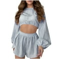 thumbnail image 1 of Women’s 2 Piece Pajama Set Long Sleeve Crop Top and Shorts Loungewear Sleepwear Soft Satin Nightwear, 1 of 3