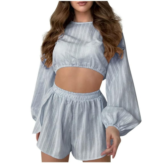 Women’s 2 Piece Pajama Set Long Sleeve Crop Top and Shorts Loungewear Sleepwear Soft Satin Nightwear