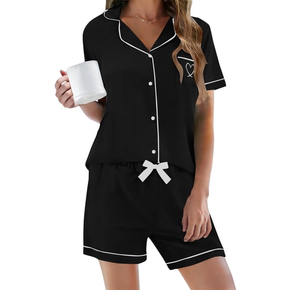 Women's 2-Piece Pajama Set, Short Sleeve Button-Down Collar Top with Pockets and Matching Shorts, Comfortable and Casual Sleepwear for Home Lounging-Black
