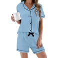 thumbnail image 1 of Women's 2-Piece Pajama Set, Short Sleeve Button-Down Collar Top with Pockets and Matching Shorts, Comfortable and Casual Sleepwear for Home Lounging-Sky Blue, 1 of 5