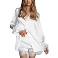 thumbnail image 1 of Women's 2 Piece Pajama Set White Long Sleeve Lapel Shirt Tops Lace Trim Shorts Sleepwear Sets, 1 of 8