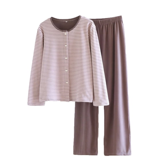 Women's 2 Piece Pajama Sets Button Long Sleeve Top and Wide Leg Pants Fashion Solid Home Lounge Sleepwear