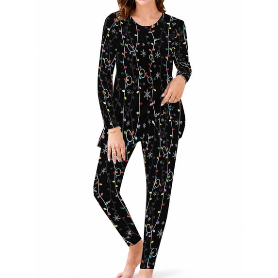 Women's 2 Piece Pajama Sets Soft Milk Silk Long Sleeve Sleepwear Christmas Lights Loungewear