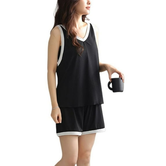 Women's 2 Piece Pajamas Comfy Sleeveless Cool Lightweight Pj Set Pajama Set Summer V Neck Cami Shorts Set Soft Spring Loose Black X-Large
