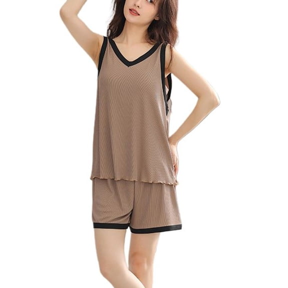 Women's 2 Piece Pajamas Comfy Sleeveless Cool Lightweight Pj Set Pajama Set Summer V Neck Cami Shorts Set Soft Spring Loose Brown XX-Large