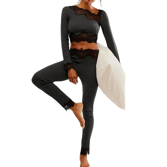 Women's 2 Piece Pajamas, Long Sleeve Crop Tops Lace Trim Pants Sleepwear Sets