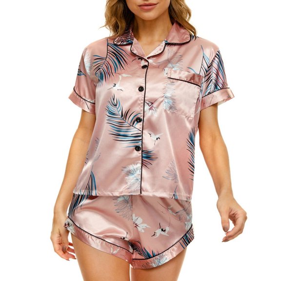 Women's 2 Piece Pajamas Satin Pjs Short Sleeve Comfy Trendy Pajama Set Holiday Soft Cute Fall Silky Sleepwear Shorts Lounge Set Style3 Medium