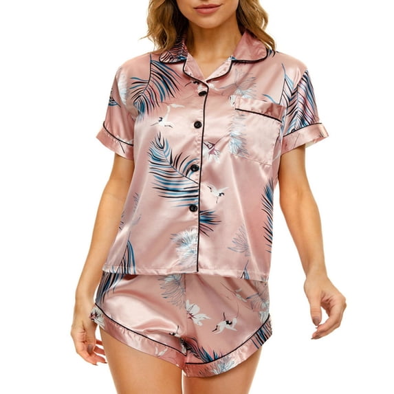 Women's 2 Piece Pajamas Satin Pjs Short Sleeve Comfy Trendy Pajama Set Holiday Soft Cute Fall Silky Sleepwear Shorts Lounge Set Style3 X-Large
