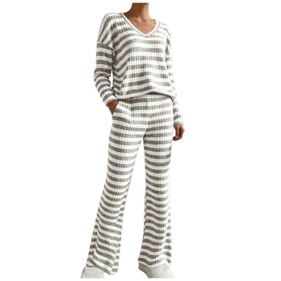 Women's 2 Piece Pajamas Set Fashion Striped Long Sleeve V-Neck Sleepwear Loose Wide Leg Pants Lounge Sets (XL, Khaki)
