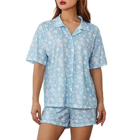 Women’s 2 Piece Pajamas Set Short Sleeve Print Button Down Shirt + Shorts Set Loungewear