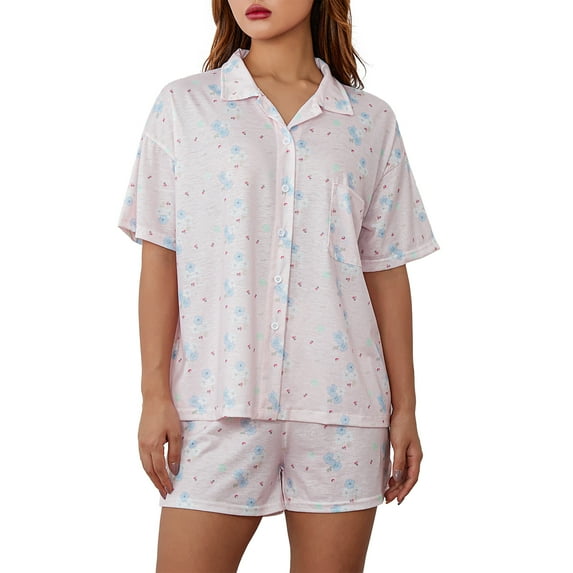 Women’s 2 Piece Pajamas Set Short Sleeve Print Button Down Shirt + Shorts Set Loungewear