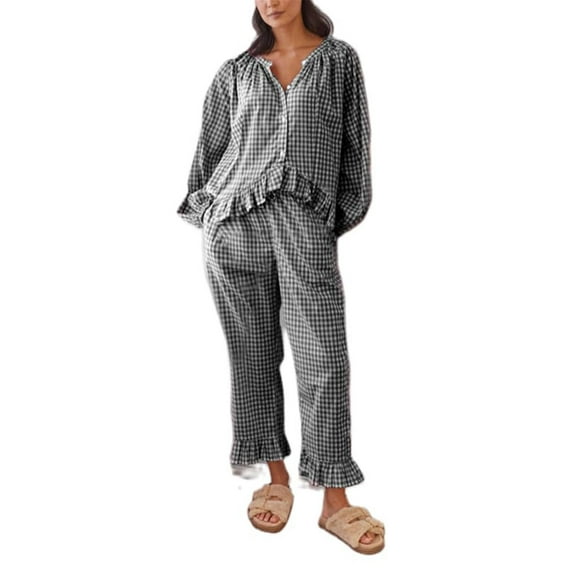 Women's 2 Piece Pajamas Sets Ruffled Plaid Loose Casual Button Up Shirt and Wide Leg PJ Bottoms Sleepwear Outfits (L, Black)