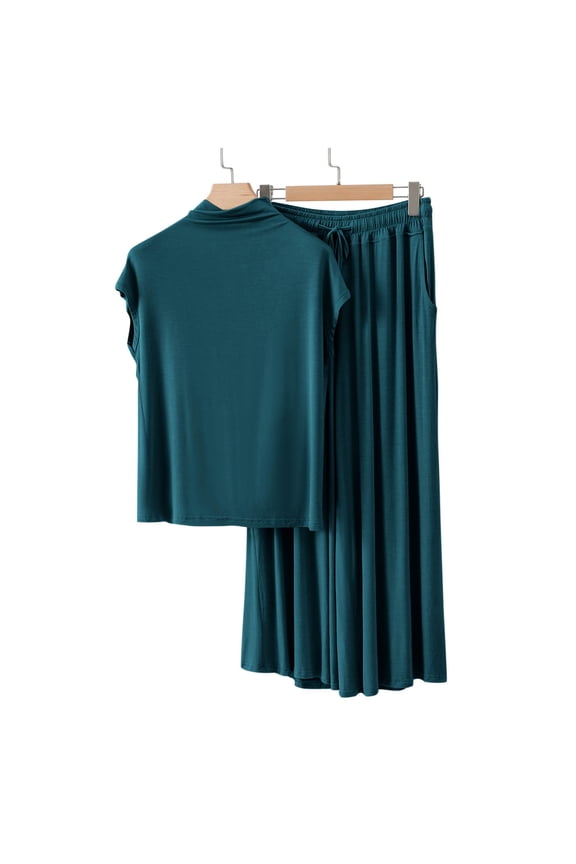 Women's 2 Piece Pajamas Sets, Short Sleeve Soft Mock Neck Tops Matching Wide Leg Pants Summer Lounge Outfits New Night Shirts for Women Sleepwear Army Green XXL
