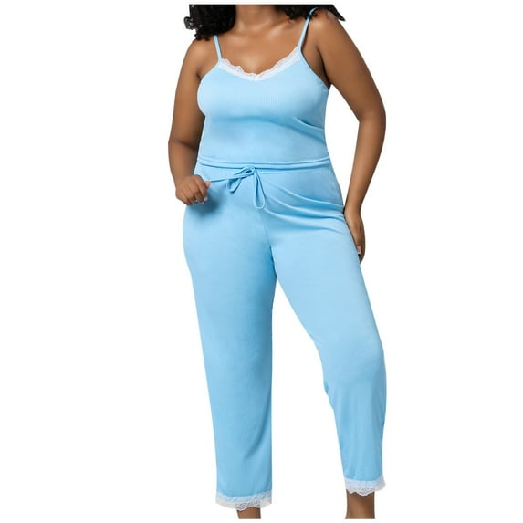 Women's 2 Piece Pajamas Sets Spaghetti Strap Tank Tops with Slim Capri Pants Drawstring Ribbed Homewear SleepwearBlue,S